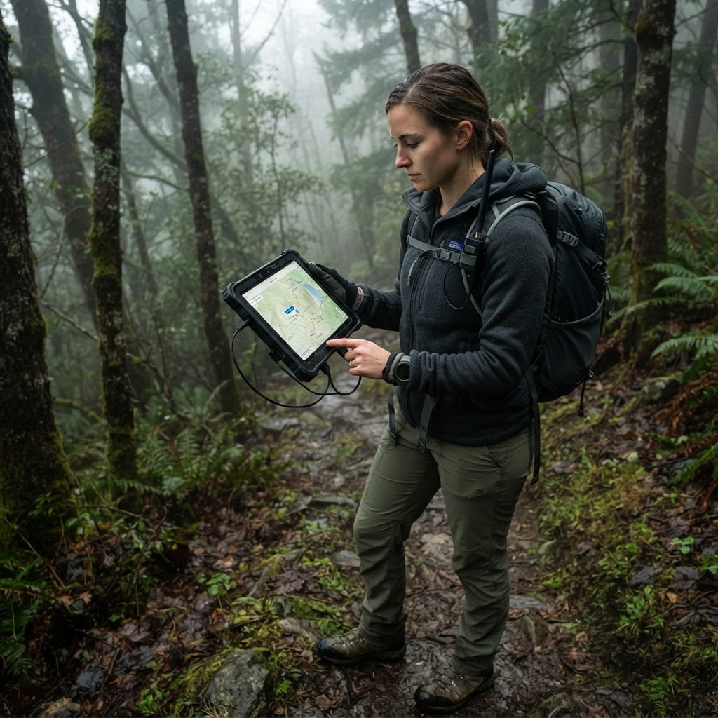 Field operator with rugged tablet in misty forest
