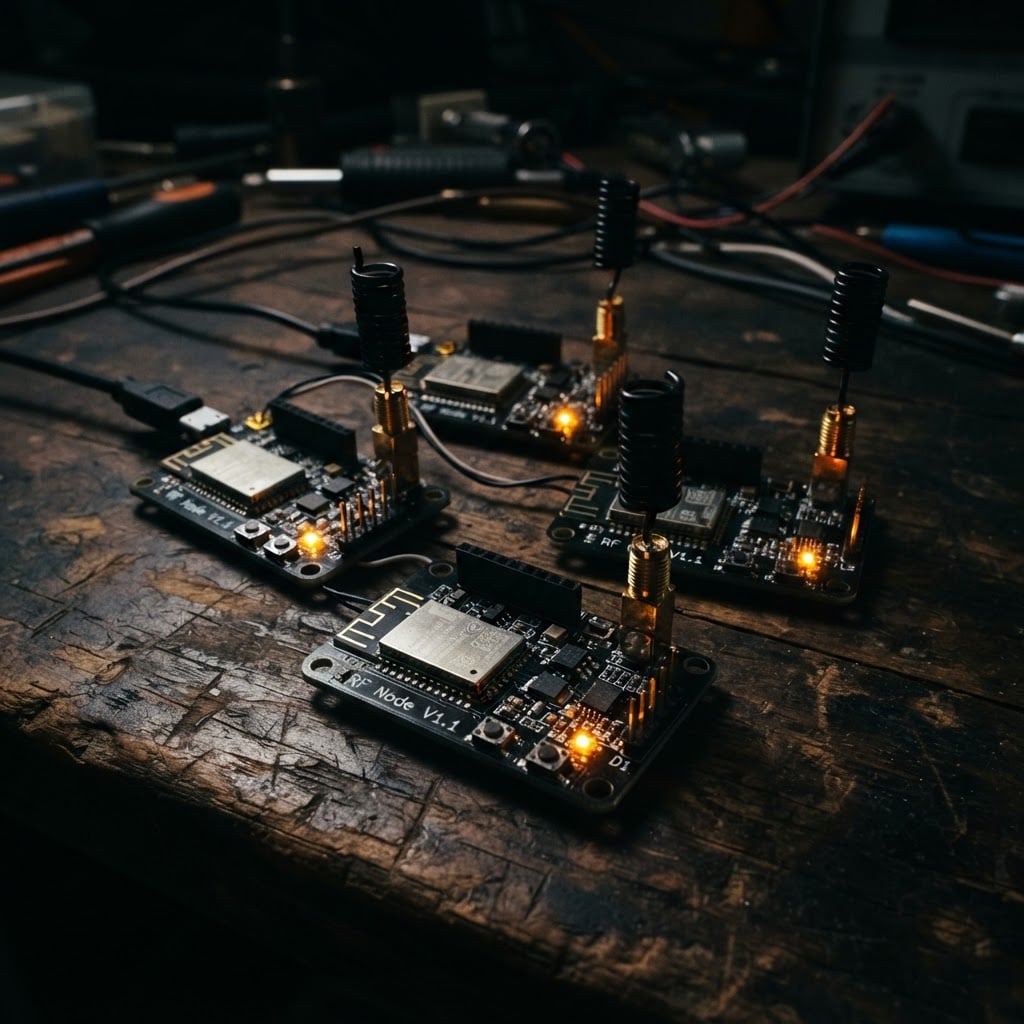 LoRa Meshtastic radio nodes with amber LEDs