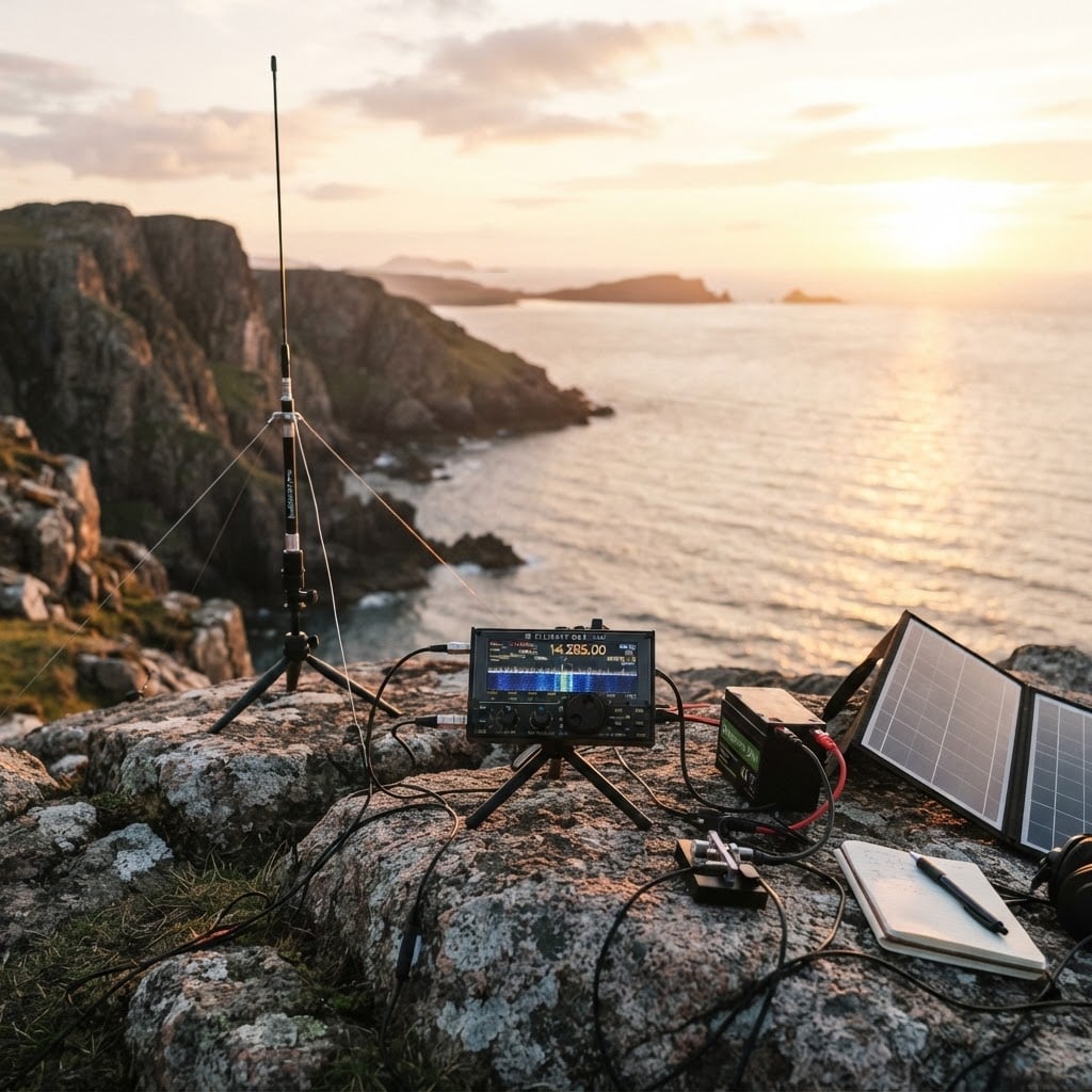 HF transceiver at coastal golden hour with solar panel